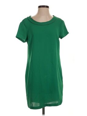 Coercion Emerald Green Short Sleeve Shift Dress with Pleated Neckline